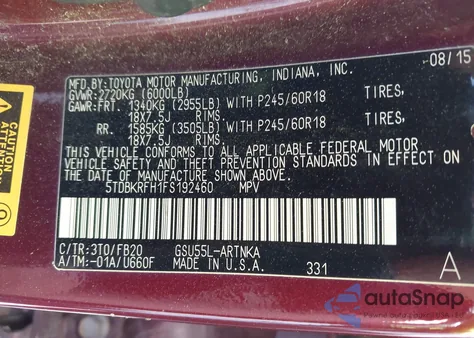 2015 Toyota Highlander Le V6 из США, поврежденный, VIN 5TDBKRFH1FS192460